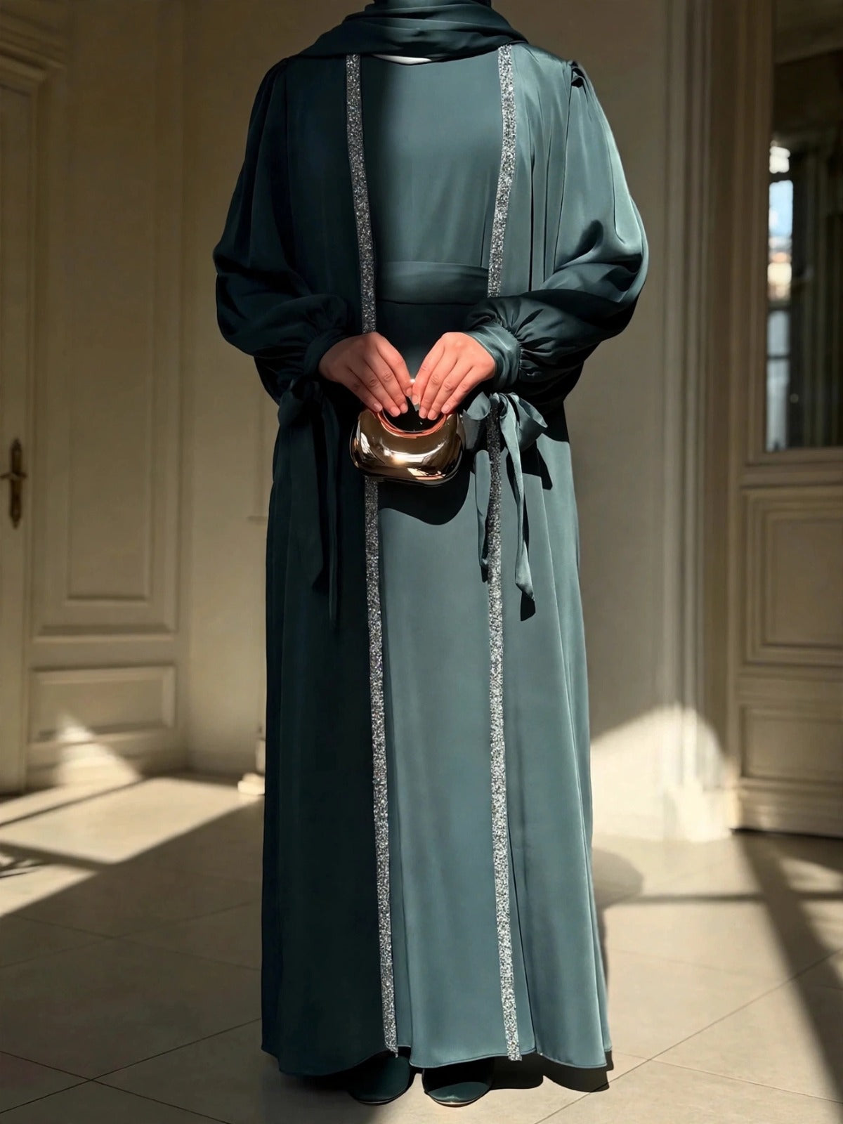 BISMA DOUBLE SHRUG ABAYA | TEAL