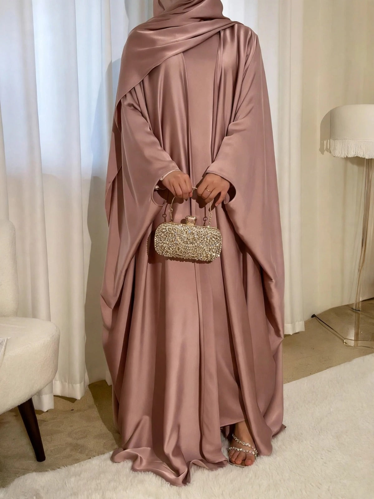 SAJAL DOUBLE SHRUG ABAYA | GOLDEN