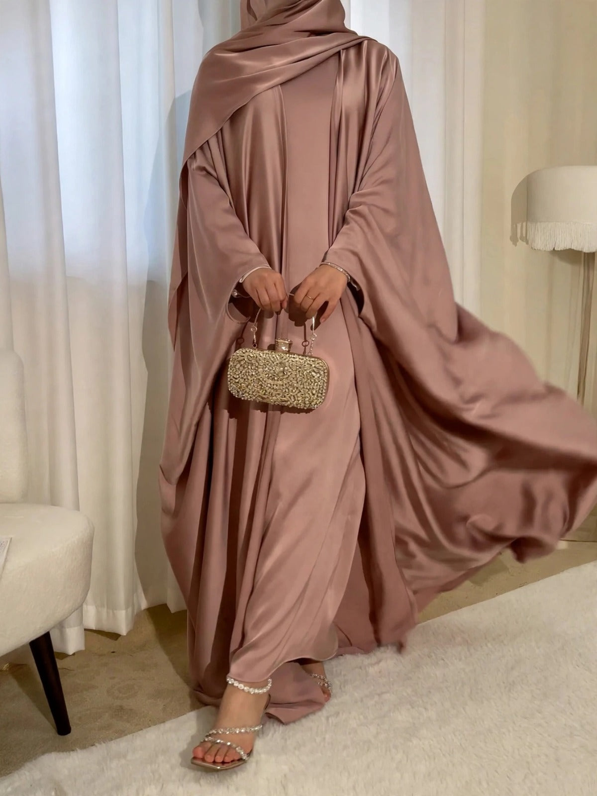 SAJAL DOUBLE SHRUG ABAYA | GOLDEN