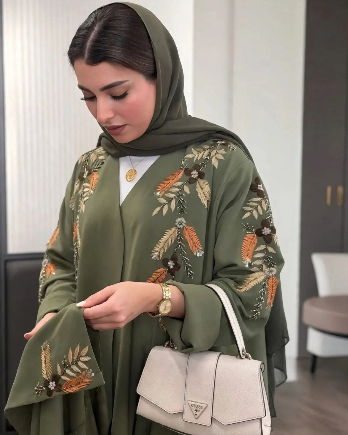 MANNARA FRONT OPEN ABAYA | OLIVE