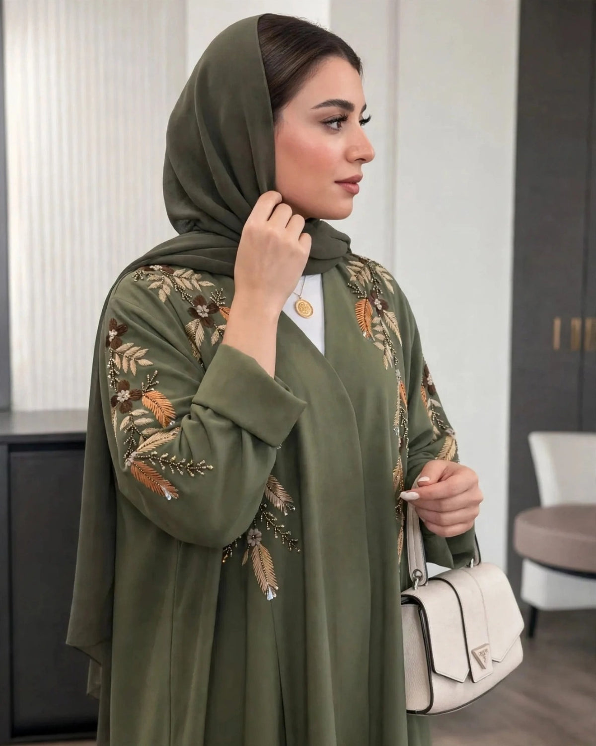 MANNARA FRONT OPEN ABAYA | OLIVE