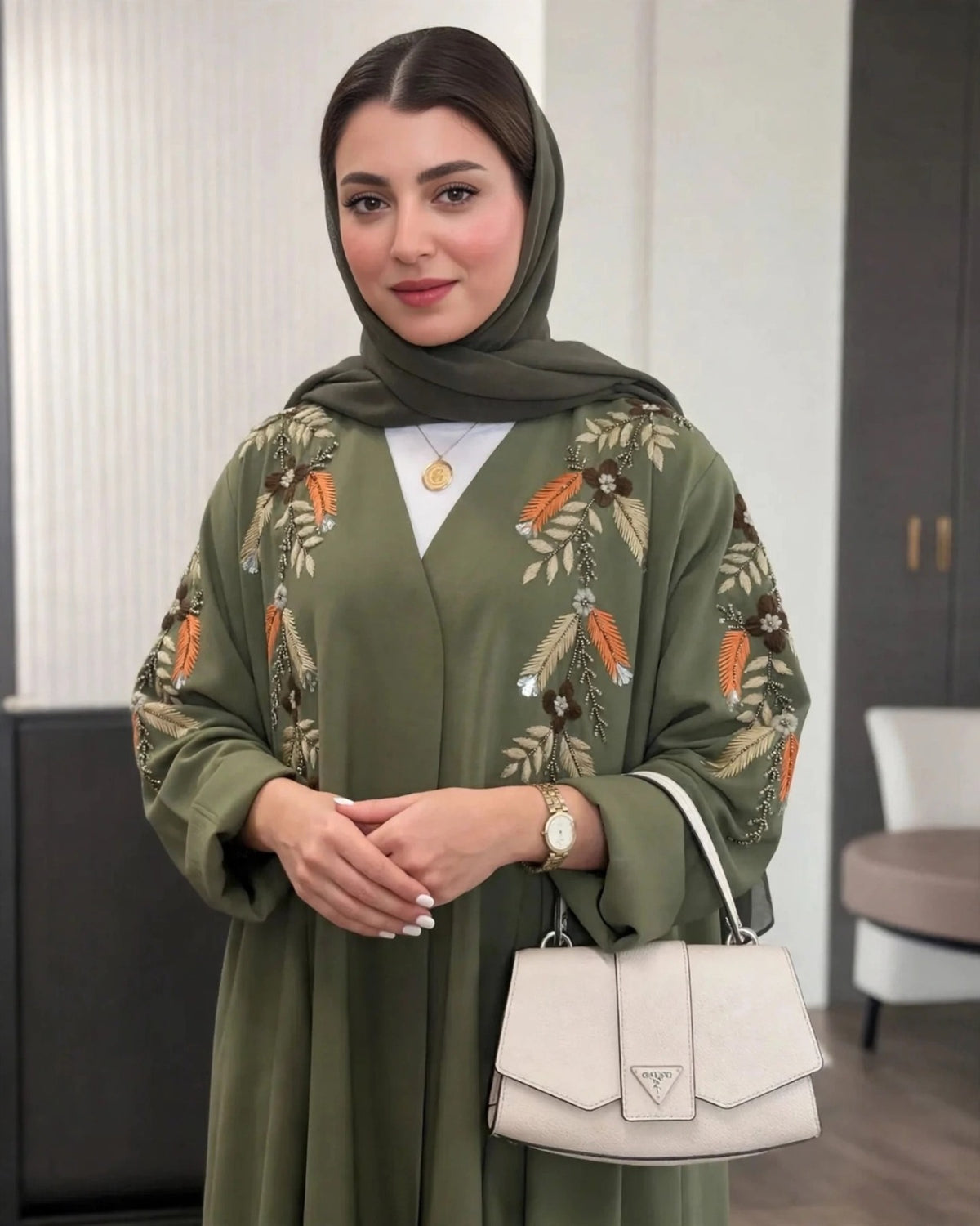 MANNARA FRONT OPEN ABAYA | OLIVE