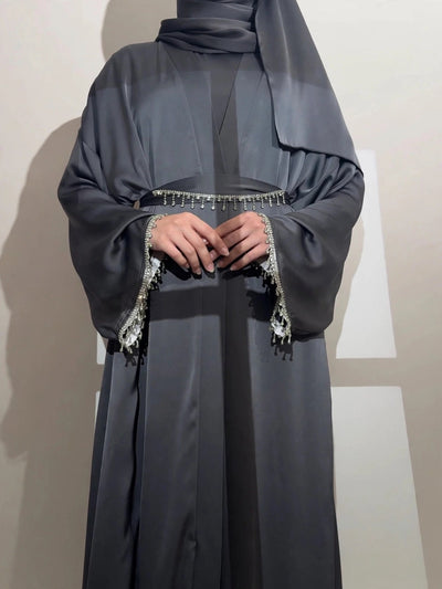 SAFFIA DOUBLE SHRUG LACE ABAYA | GRAY