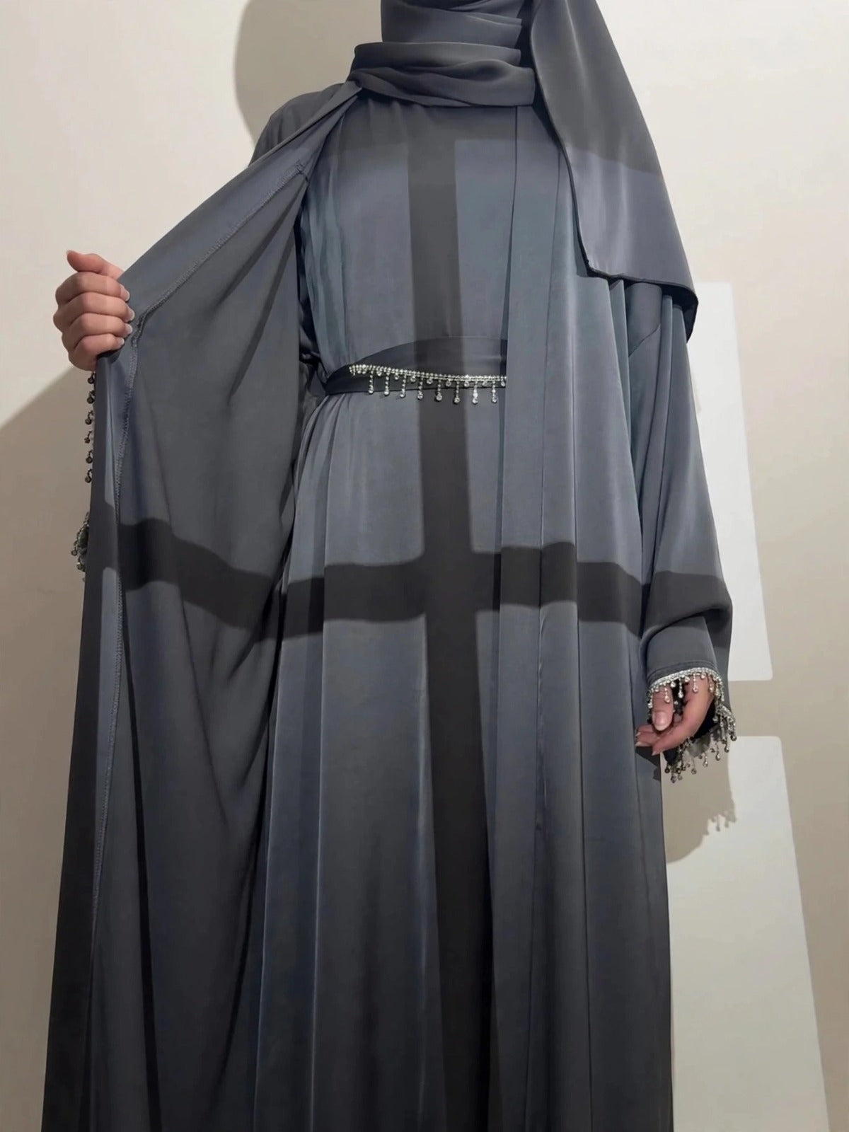 SAFFIA DOUBLE SHRUG LACE ABAYA | GRAY