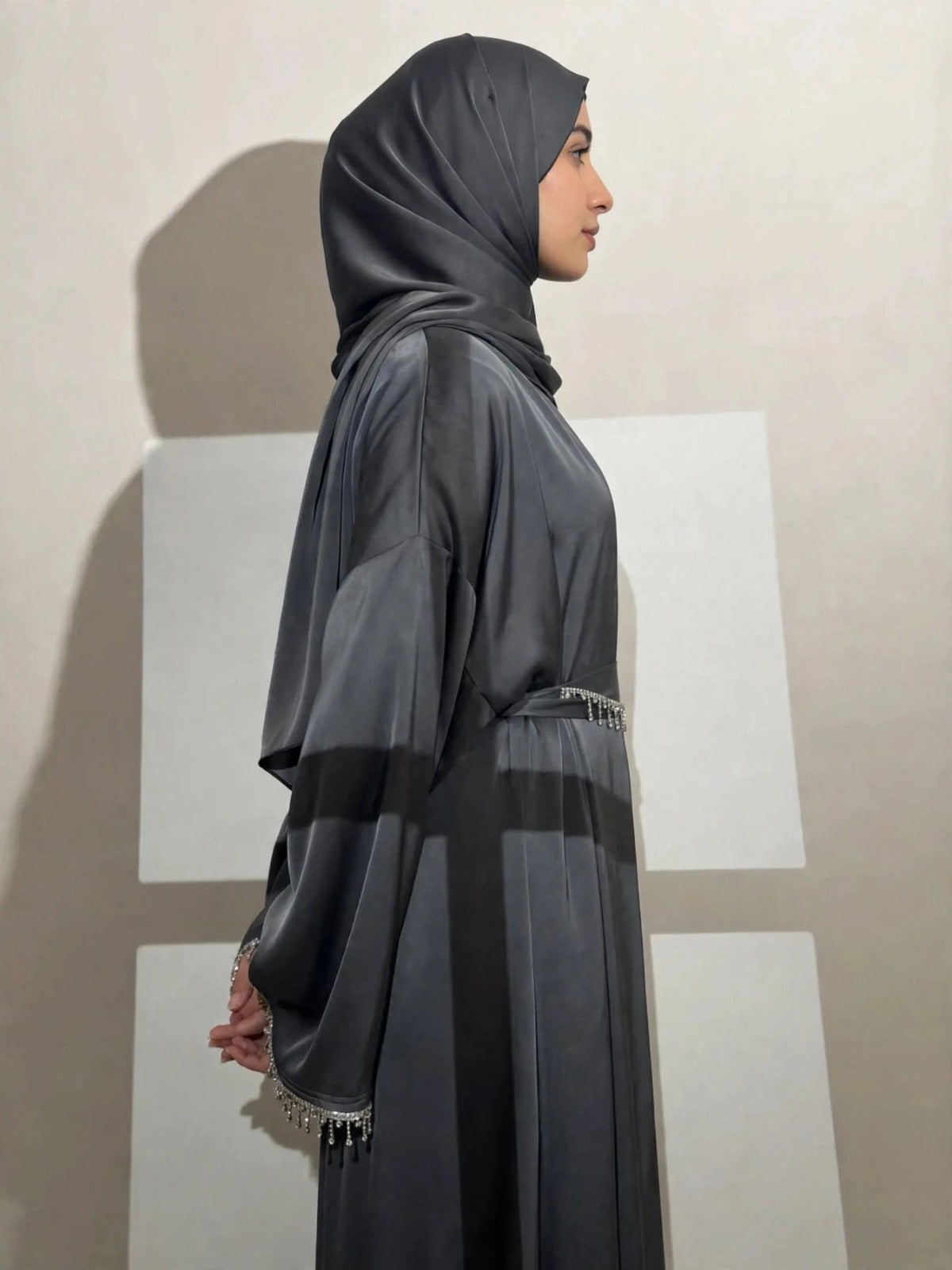 SAFFIA DOUBLE SHRUG LACE ABAYA | GRAY
