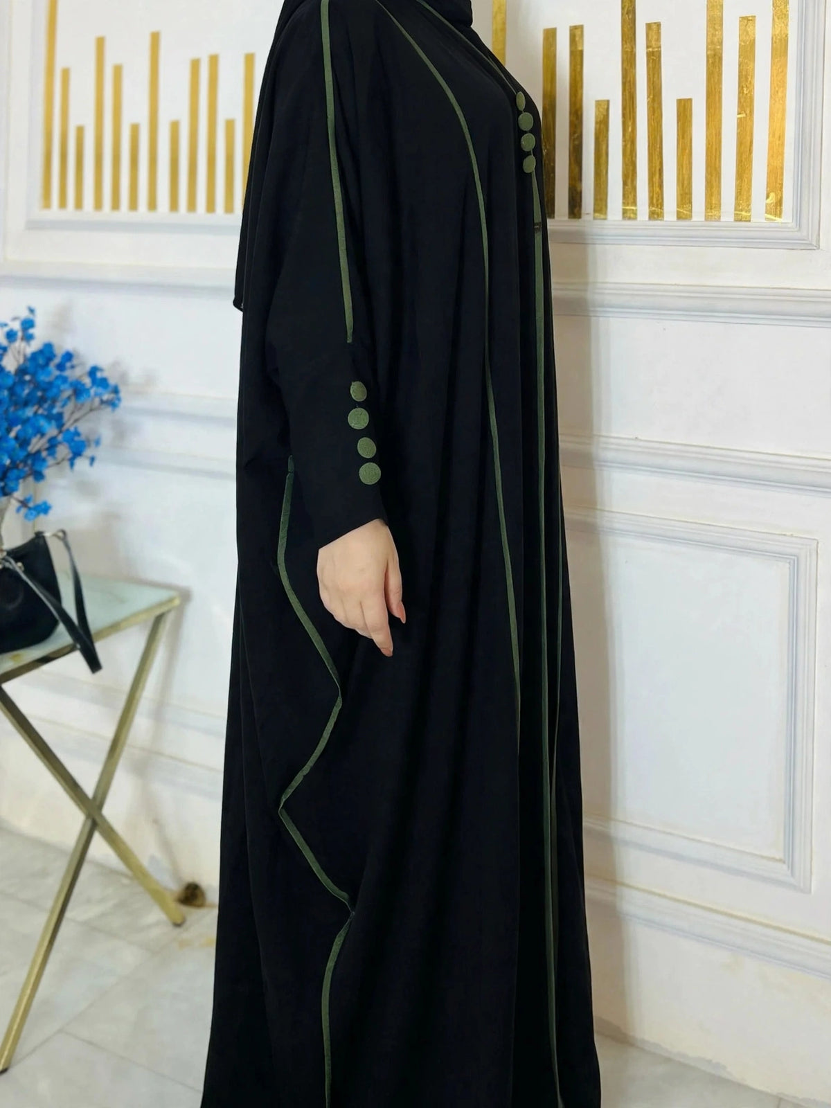 FRONT OPEN GREEN PIPIN ABAYA  | BLK2GRN