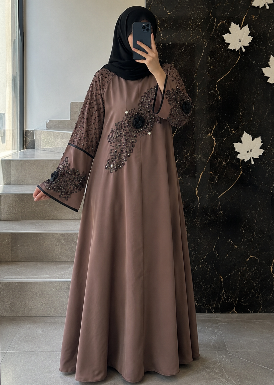 5639 - HANDWORK ABAYA | DARK NUDE