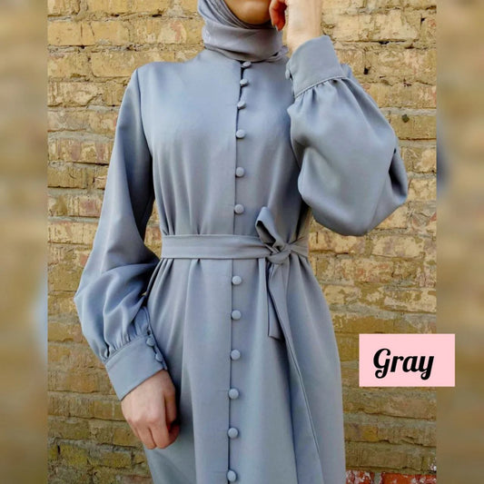 Ayesha Front Open buttons knot Abaya ( GRAY )