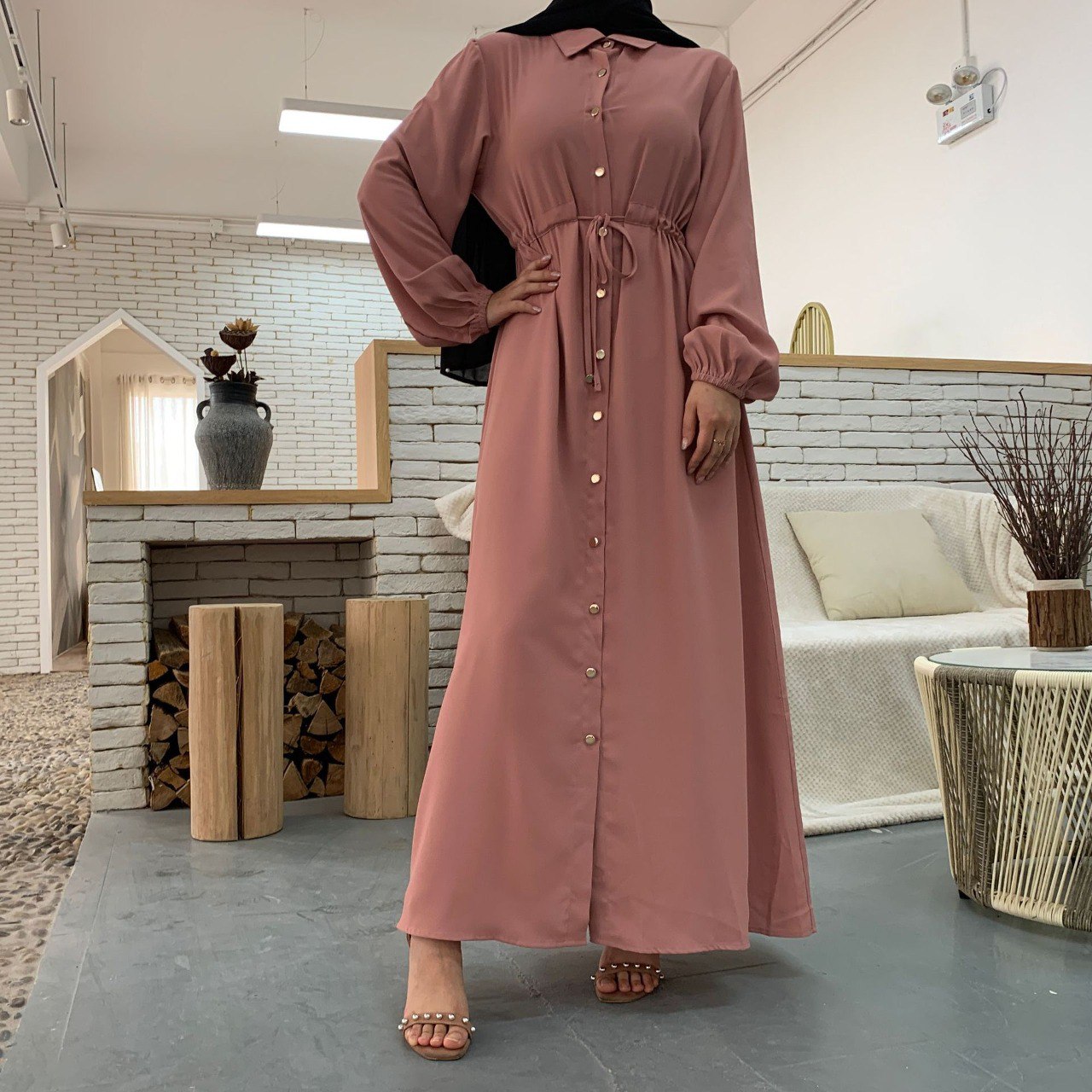 New Launch Huriya Front Open Collar Abaya PEACH ( Limited Stock )