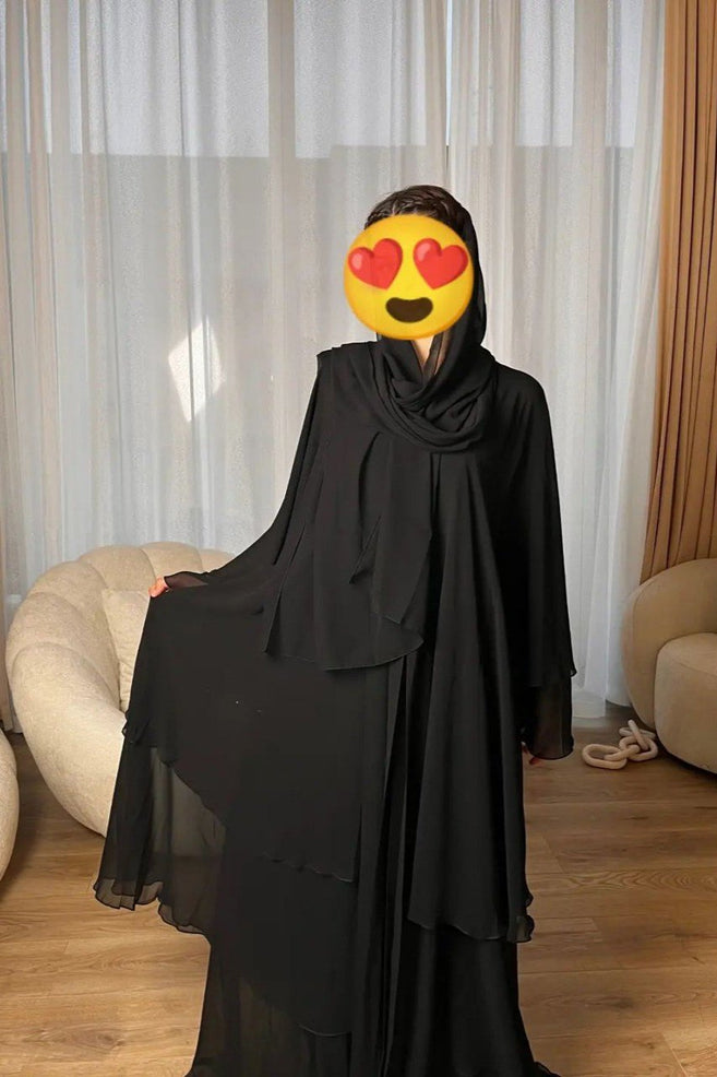 THREE LAYERED DEMANDED ABAYA | JET-BLACK