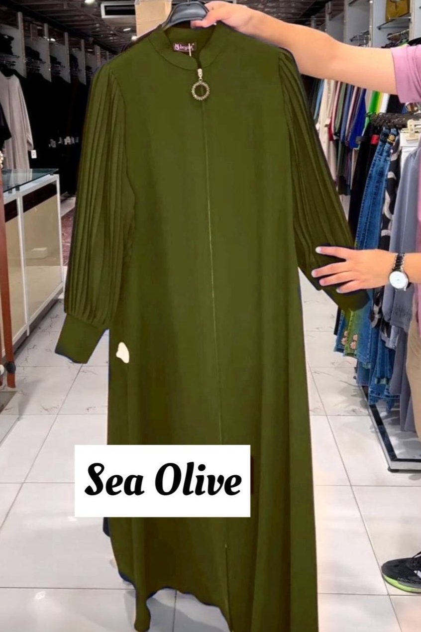 Imported Iram Zipper Abaya With Zebra plated Cuffed Sleeve ( SEA OLIVE )