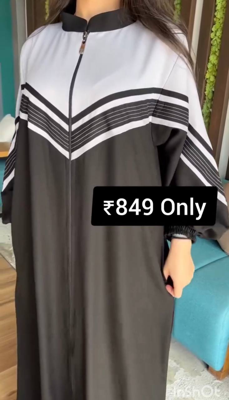 FIZA White Strips With Coller Zipper Abaya ( LIMITED ADDITION )