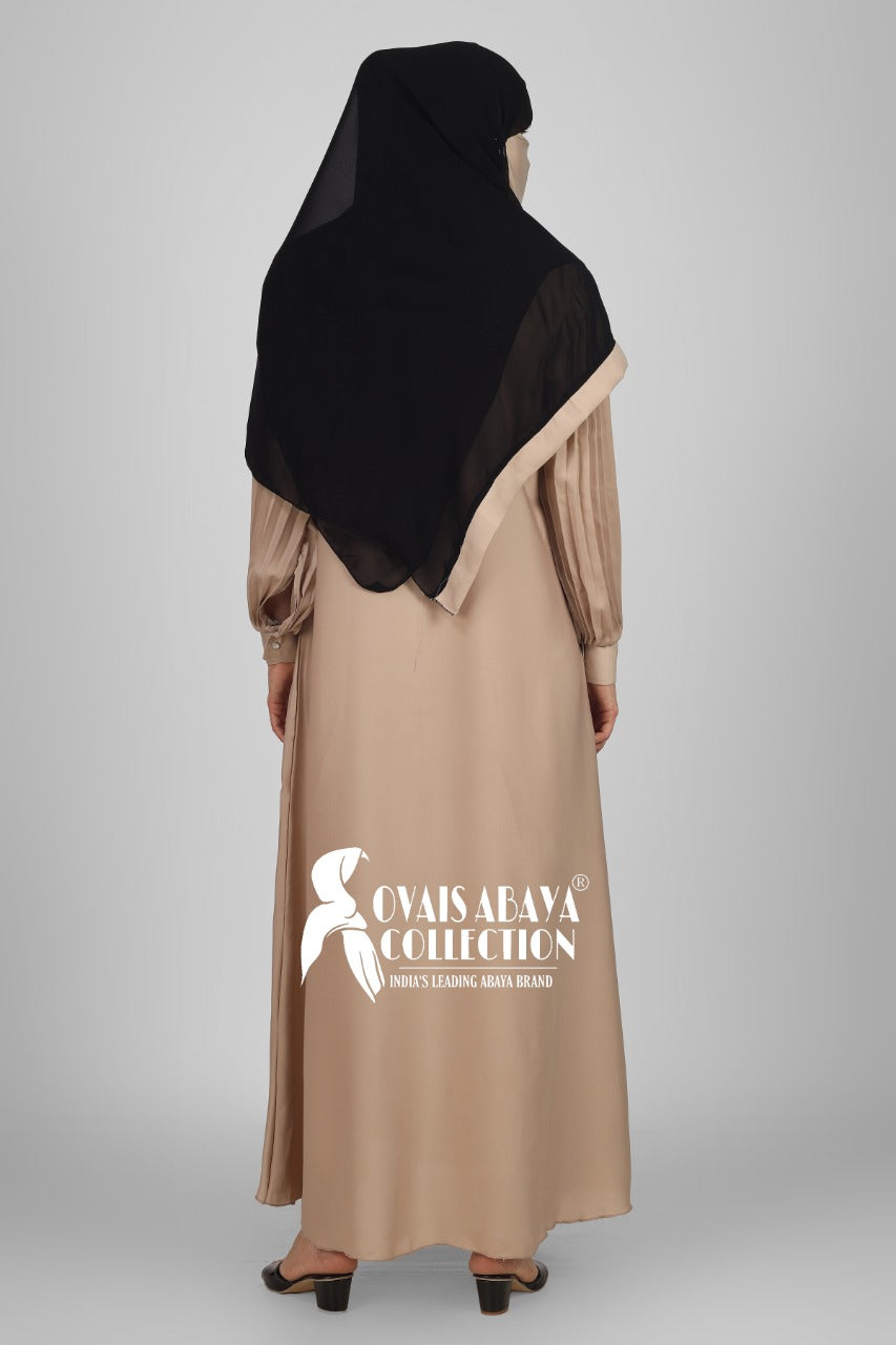 Imported Iram Zipper Abaya With Zebra plated Cuffed Sleeve ( NUDE )