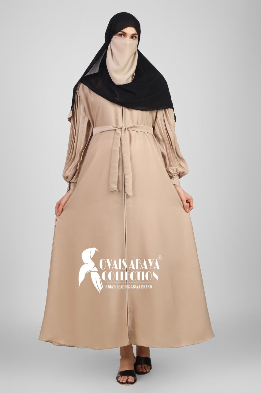 Imported Iram Zipper Abaya With Zebra plated Cuffed Sleeve ( NUDE )