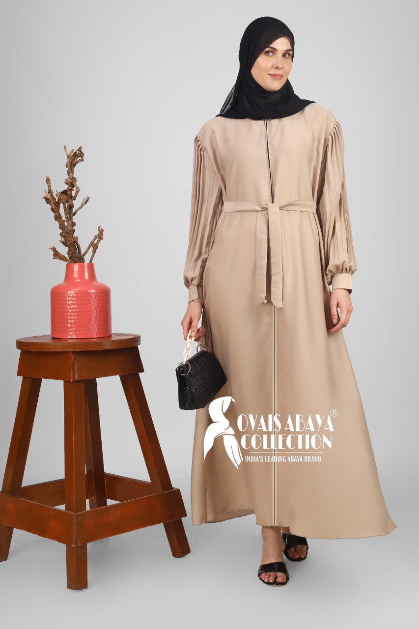 Imported Iram Zipper Abaya With Zebra plated Cuffed Sleeve ( NUDE )