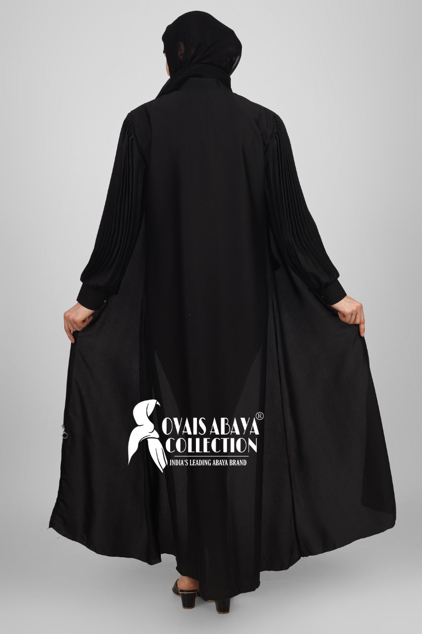 Imported Iram Zipper Abaya With Zebra plated Cuffed Sleeve ( BLACK )