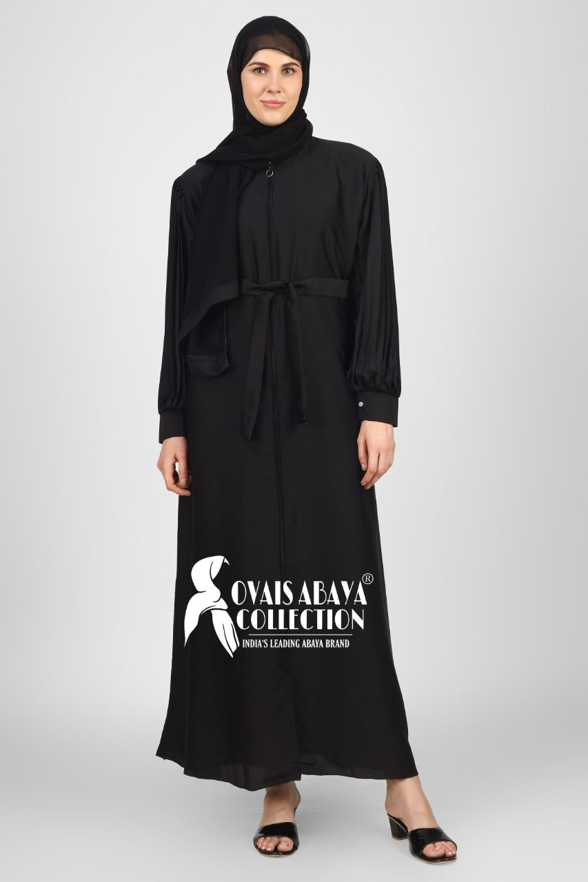 Imported Iram Zipper Abaya With Zebra plated Cuffed Sleeve ( BLACK )