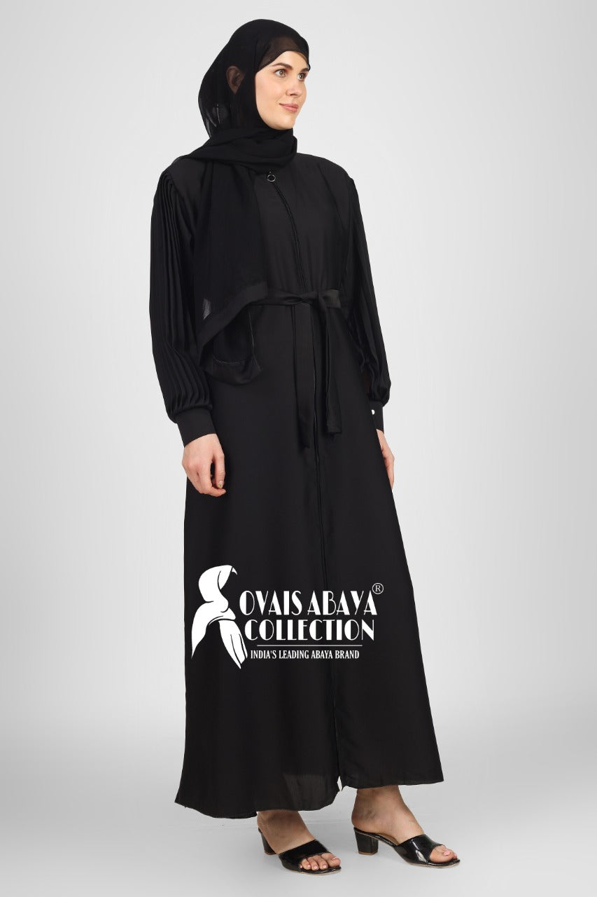 Imported Iram Zipper Abaya With Zebra plated Cuffed Sleeve ( BLACK )