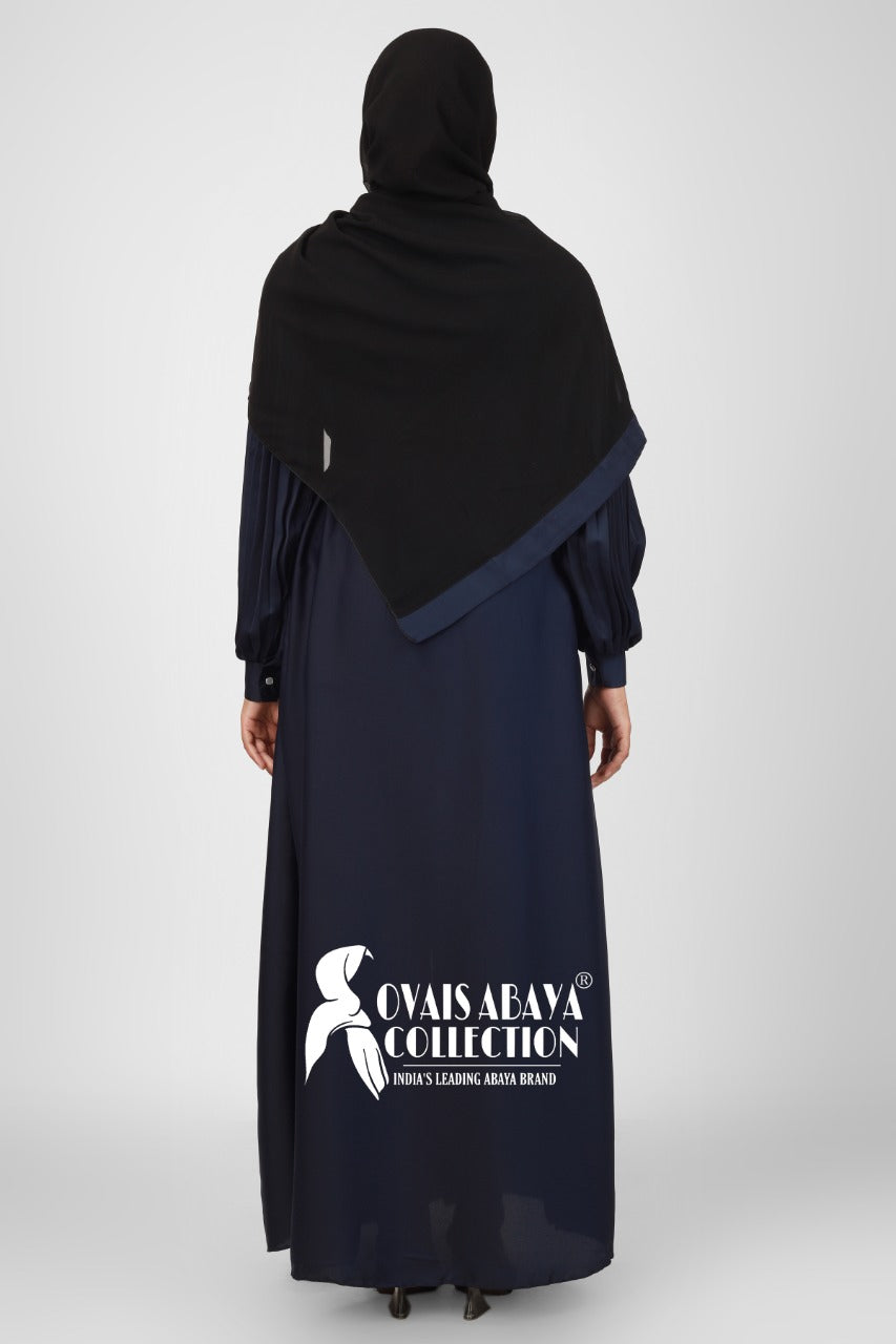 Imported Iram Zipper Abaya With Zebra plated Cuffed Sleeve ( BLUE )