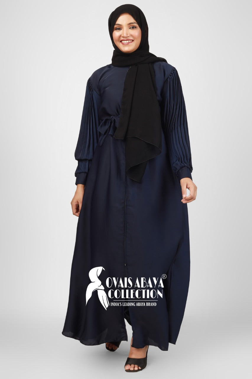 Imported Iram Zipper Abaya With Zebra plated Cuffed Sleeve ( BLUE )