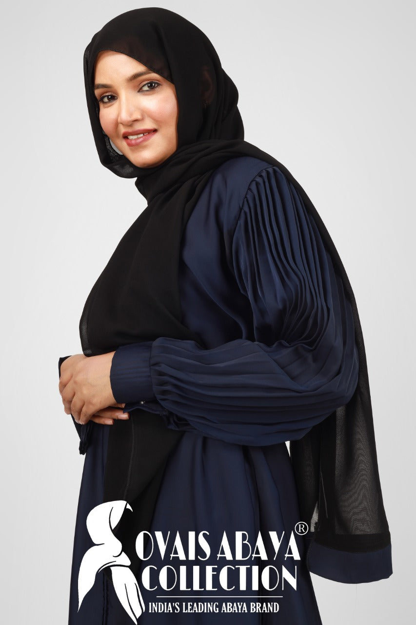 Imported Iram Zipper Abaya With Zebra plated Cuffed Sleeve ( BLUE )