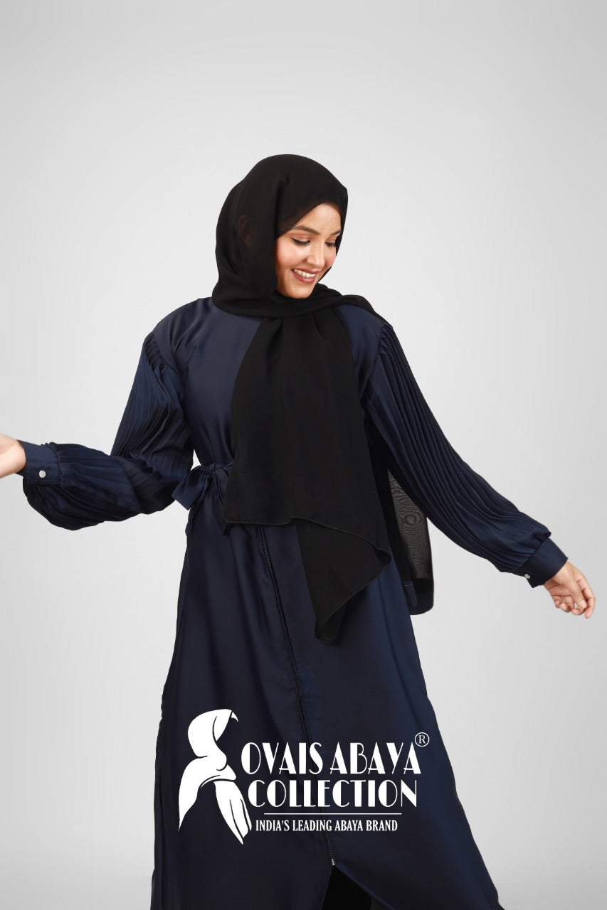 Imported Iram Zipper Abaya With Zebra plated Cuffed Sleeve ( BLUE )