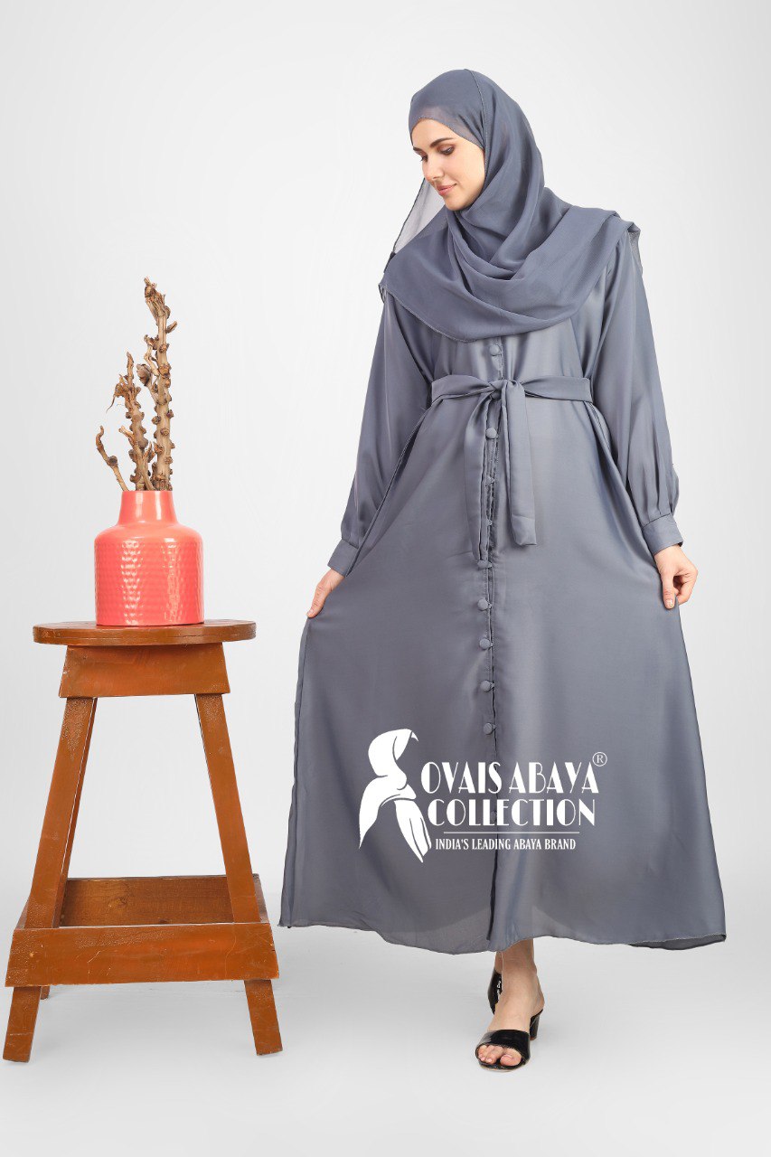 Ayesha Front Open buttons knot Abaya ( GRAY )