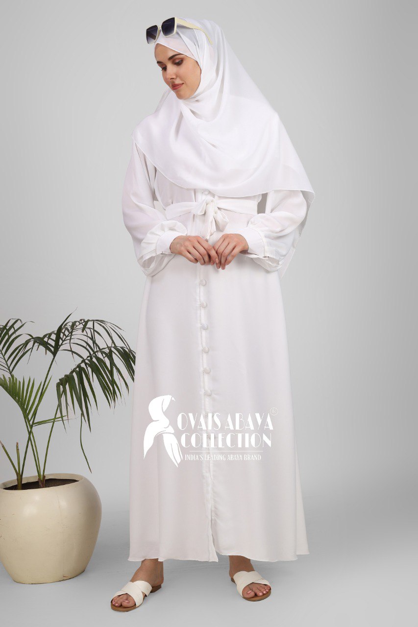 Ayesha Front Open buttons knot Abaya ( WHITE )