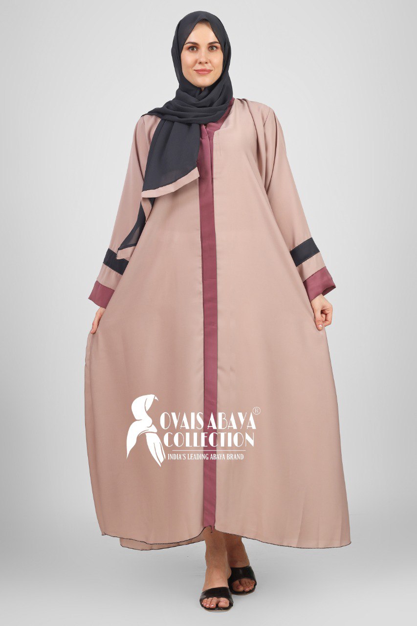 Haima Front Open Contrast Sleeve Abaya ( NUDE )