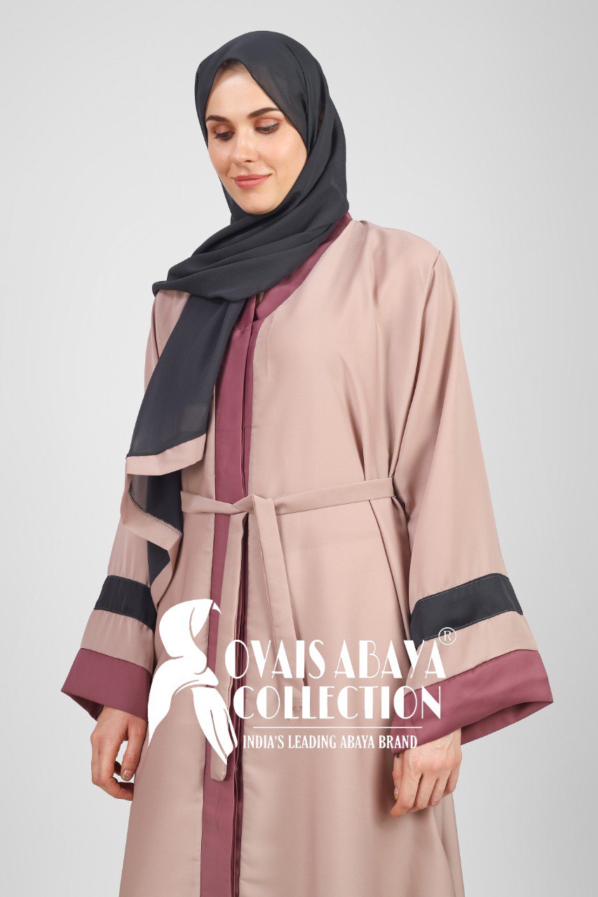 Haima Front Open Contrast Sleeve Abaya ( NUDE )