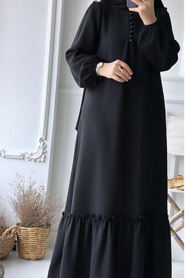 Alina Front Open Neck bottom Frill Abaya ( BLACK )