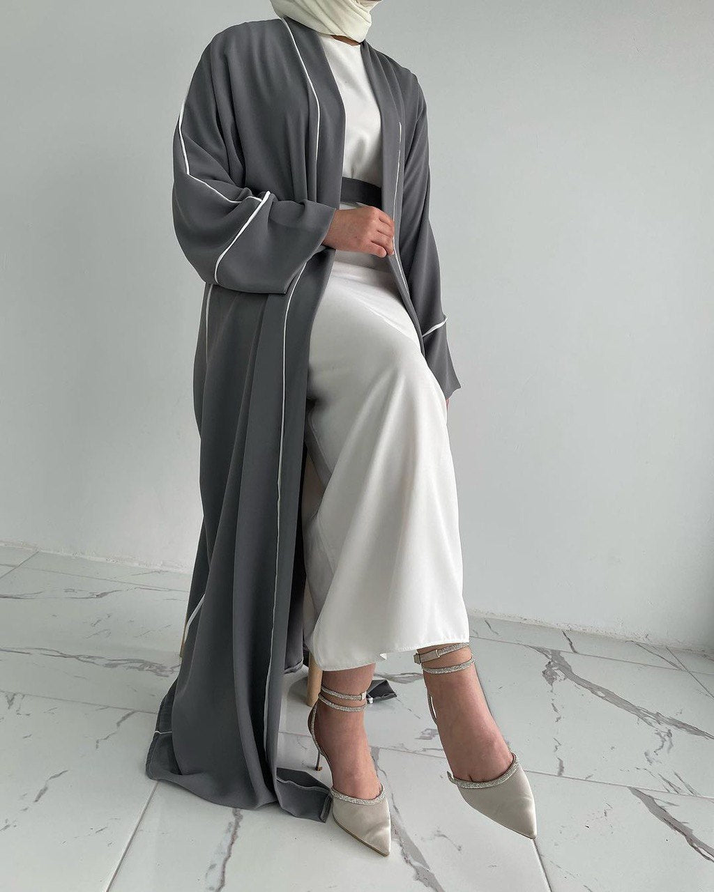 Ruhi Imported Double Shrugs Abaya  DARK GRAY TO WHITE - ( New - Edition )