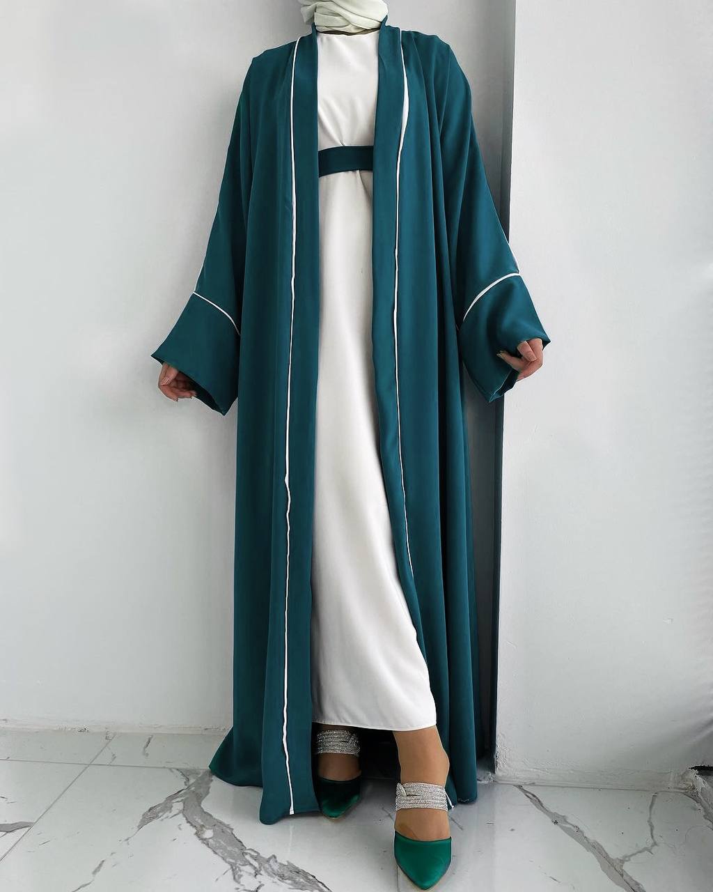 Ruhi Imported Double Shrugs Abaya  TEAL TO WHITE - ( New - Edition )