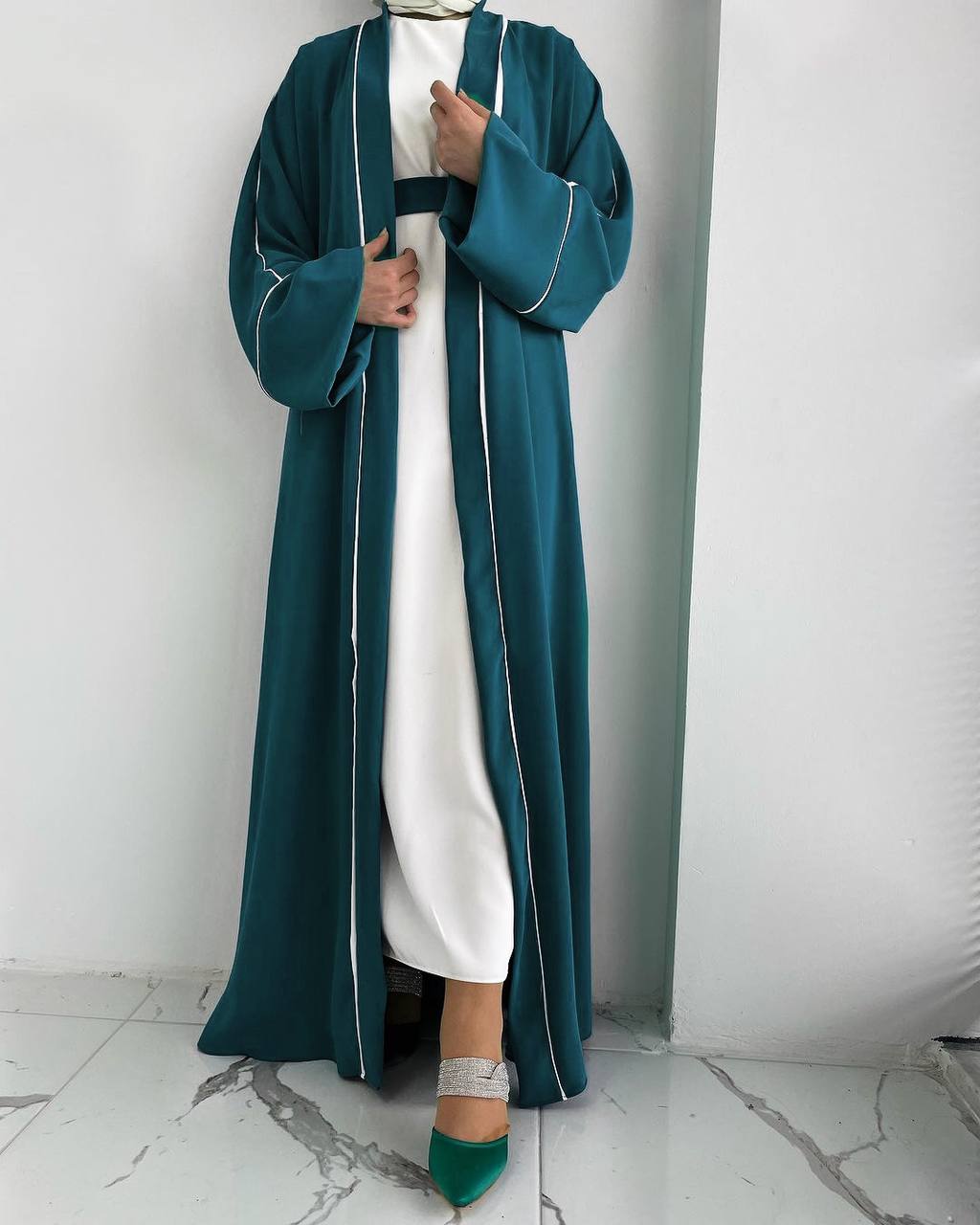 Ruhi Imported Double Shrugs Abaya  TEAL TO WHITE - ( New - Edition )