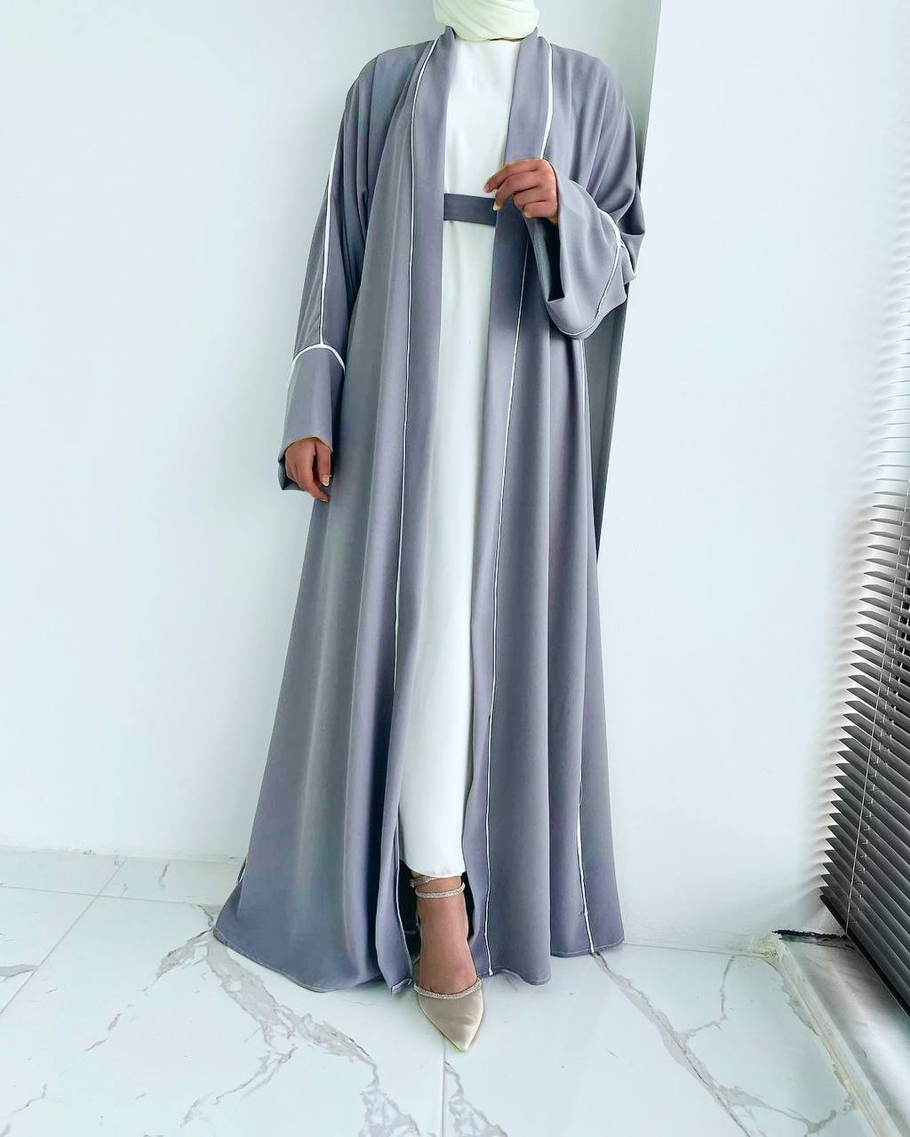 Ruhi Imported Double Shrugs Abaya LITE GRAY TO WHITE - ( New - Edition )