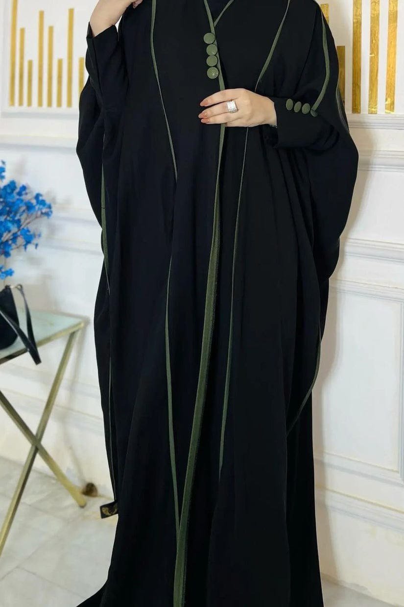 Imported Front Open Piping Abaya With Buttons ( BLACK TO GREEN )