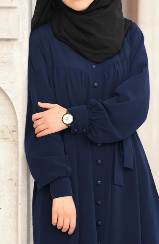 Beautiful Frill Plates Work Buttons Abaya NAVY BLUE  ( LIMITED - STOCK )