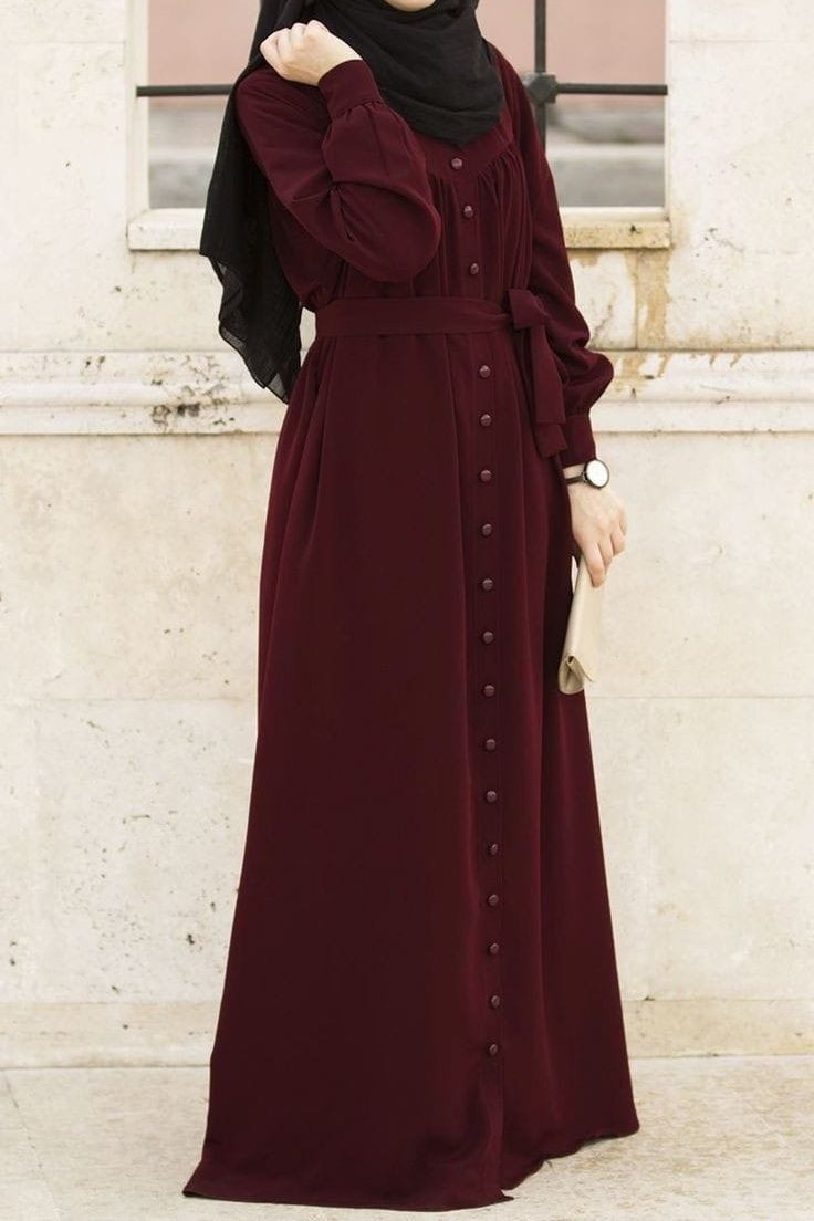 Beautiful Frill Plates Work Buttons Abaya MAROOON ( LIMITED - STOCK )