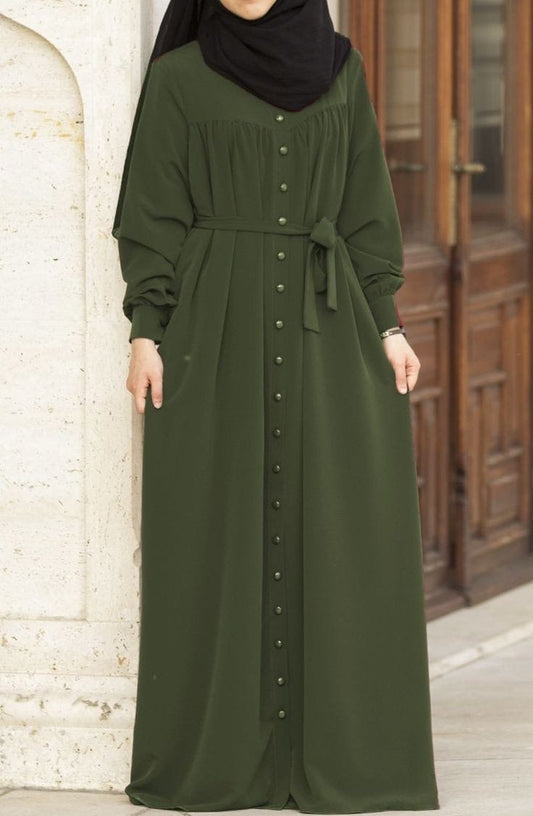 Beautiful Frill Plates Work Buttons Abaya OLIVE GREEN  ( LIMITED - STOCK )