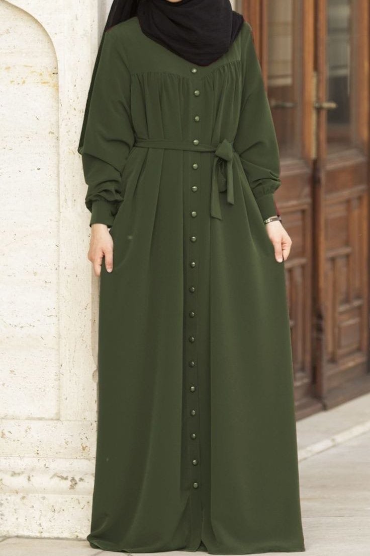 Beautiful Frill Plates Work Buttons Abaya OLIVE GREEN  ( LIMITED - STOCK )