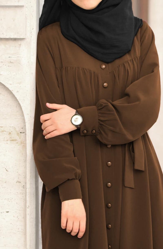 Beautiful Frill Plates Work Buttons Abaya MAGNETIC BROWN ( LIMITED - STOCK )