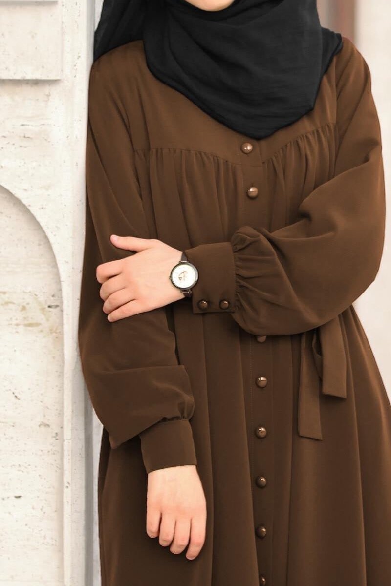 Beautiful Frill Plates Work Buttons Abaya MAGNETIC BROWN ( LIMITED - STOCK )