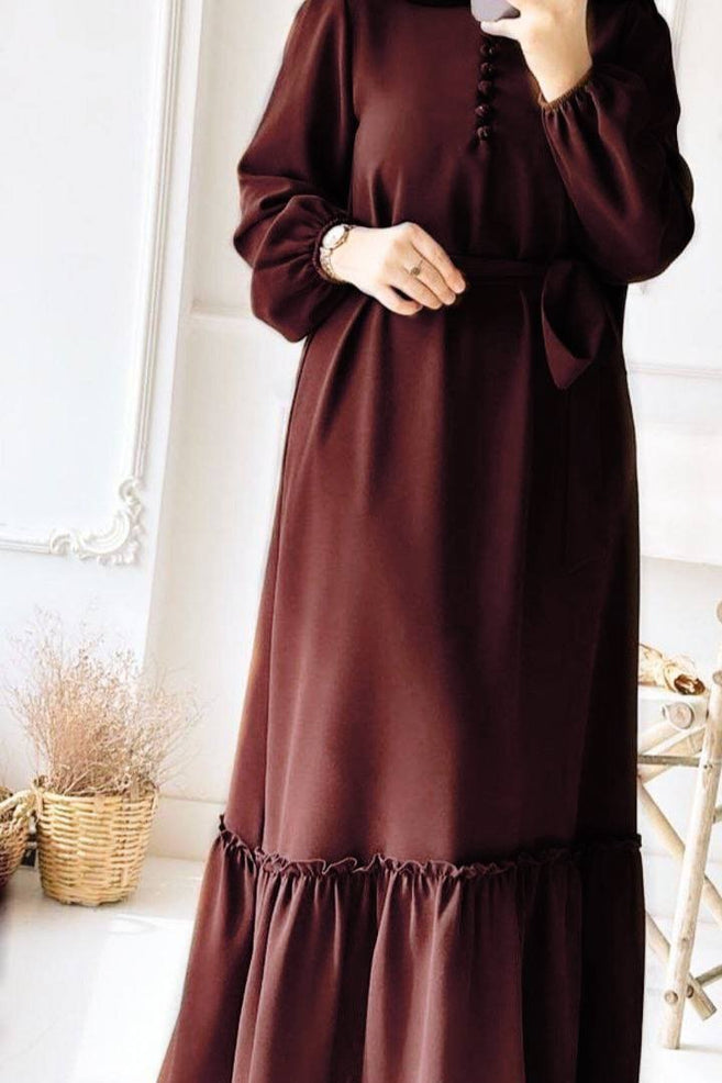 ALINA PLEATED FRILL ABAYA | BROWN