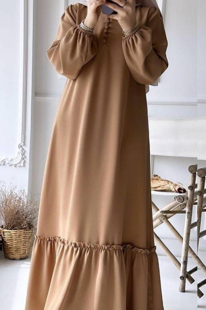 Alina Front Open Neck bottom Frill Abaya ( NUDE )