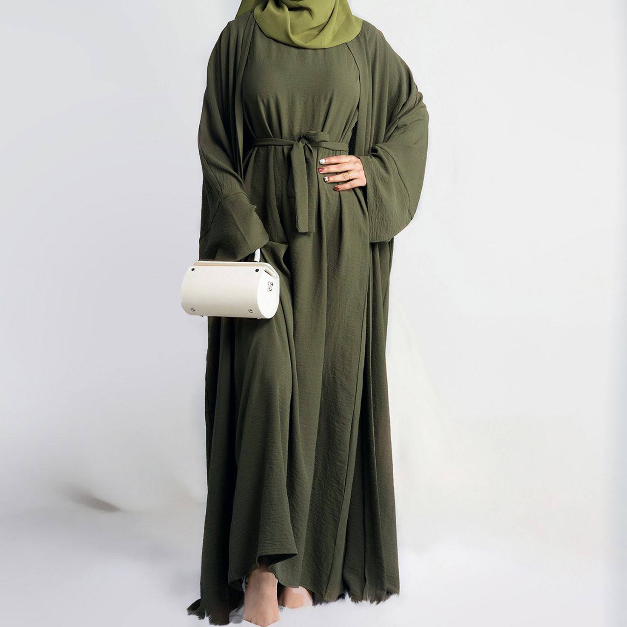 Original Dubai Crush Double Shrugs Abaya OLIVE ( Limited - Stock )