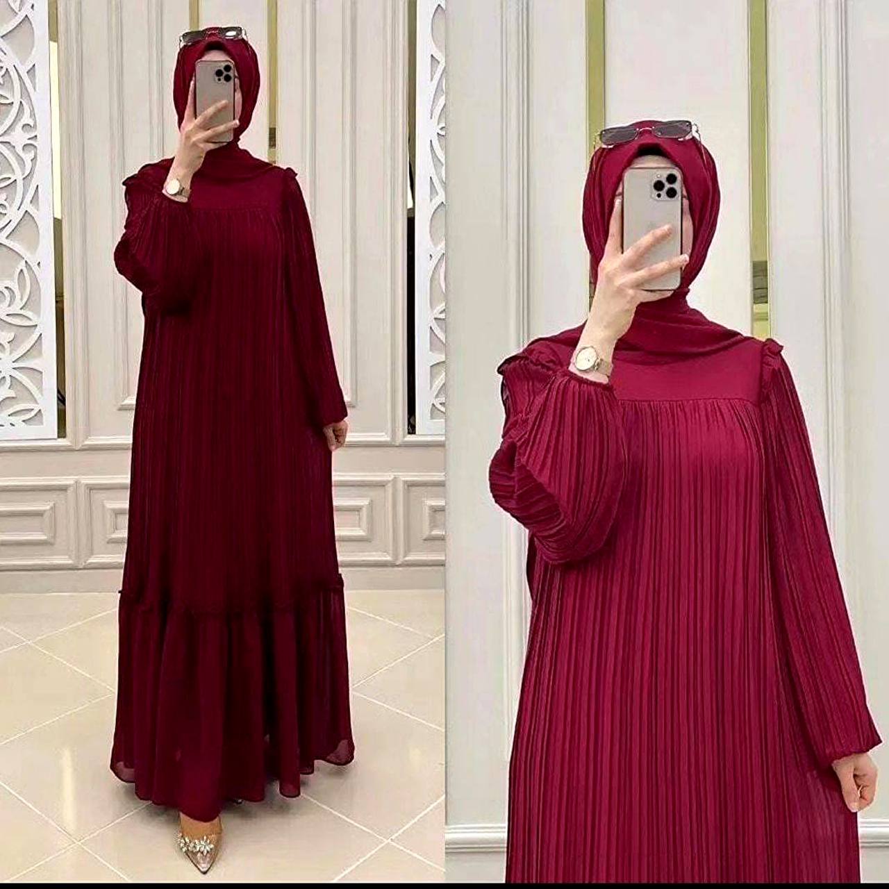 RIDA Beautiful Frill Plates work Abaya RED - ( HIGHLY CUSTOMER DEMAND )