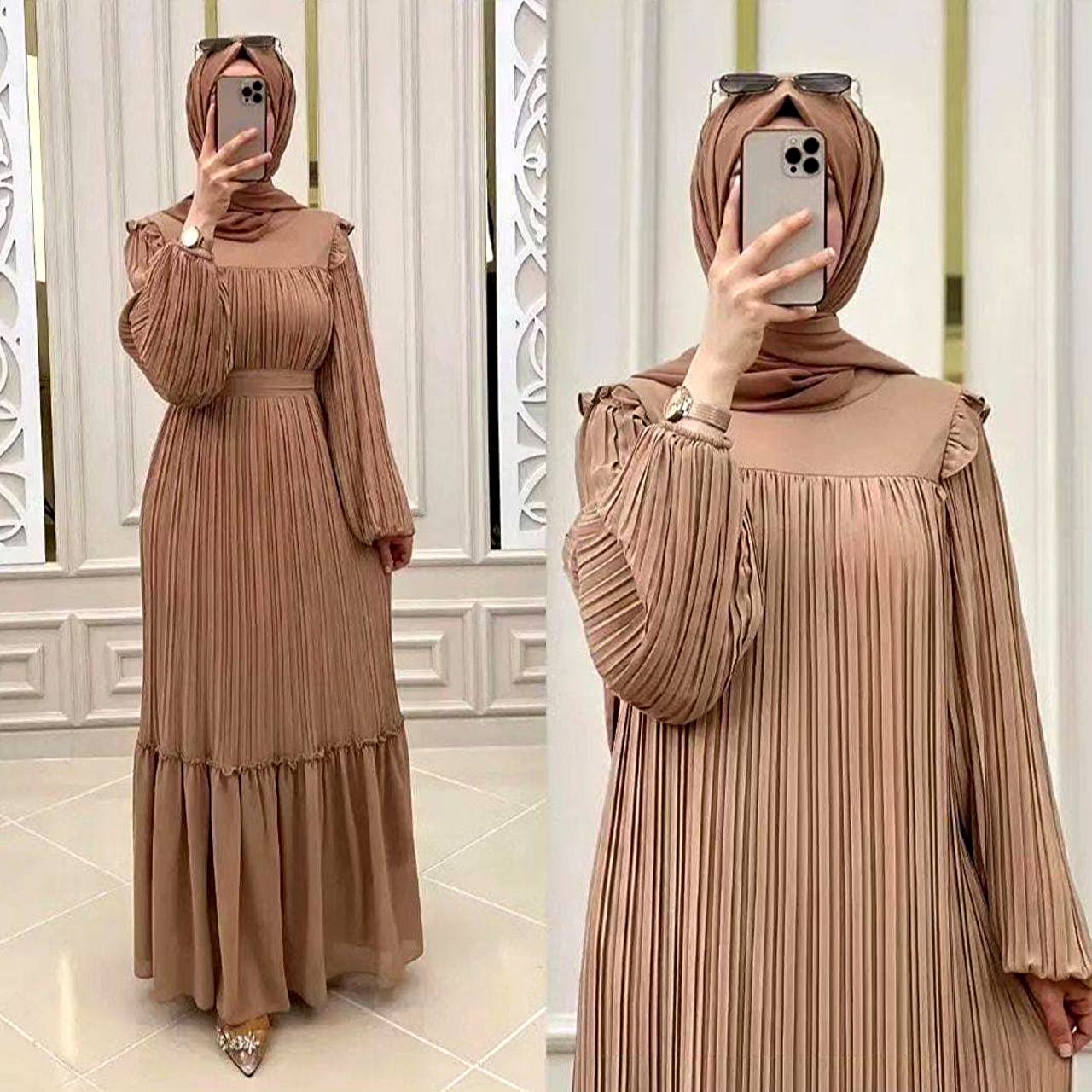 RIDA Beautiful Frill Plates work Abaya BEIGE - ( HIGHLY CUSTOMER DEMAND )