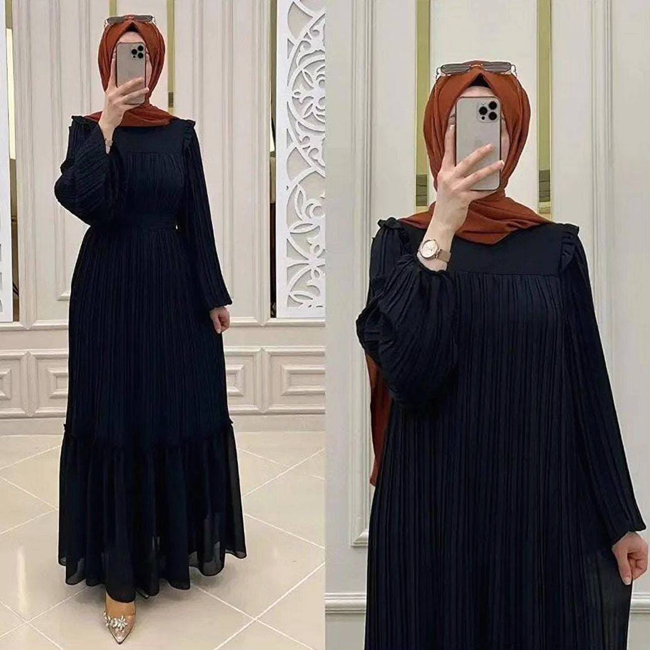 RIDA Beautiful Frill Plates work Abaya BLACK- ( HIGHLY CUSTOMER DEMAND )