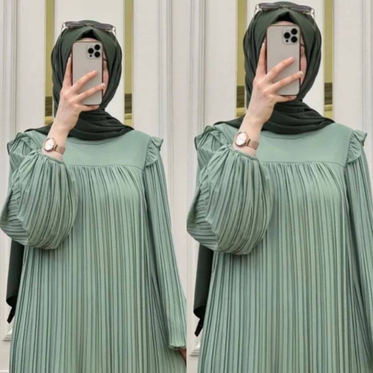 RIDA Beautiful Frill Plates work Abaya SEA GREEN - ( HIGHLY CUSTOMER DEMAND )