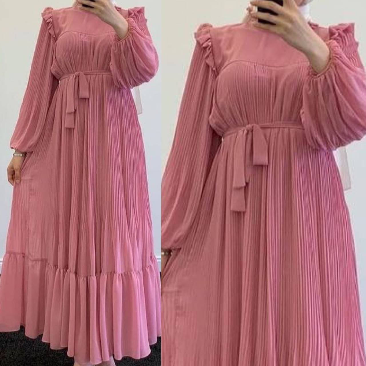 RIDA Beautiful Frill Plates work Abaya PINK - ( HIGHLY CUSTOMER DEMAND )